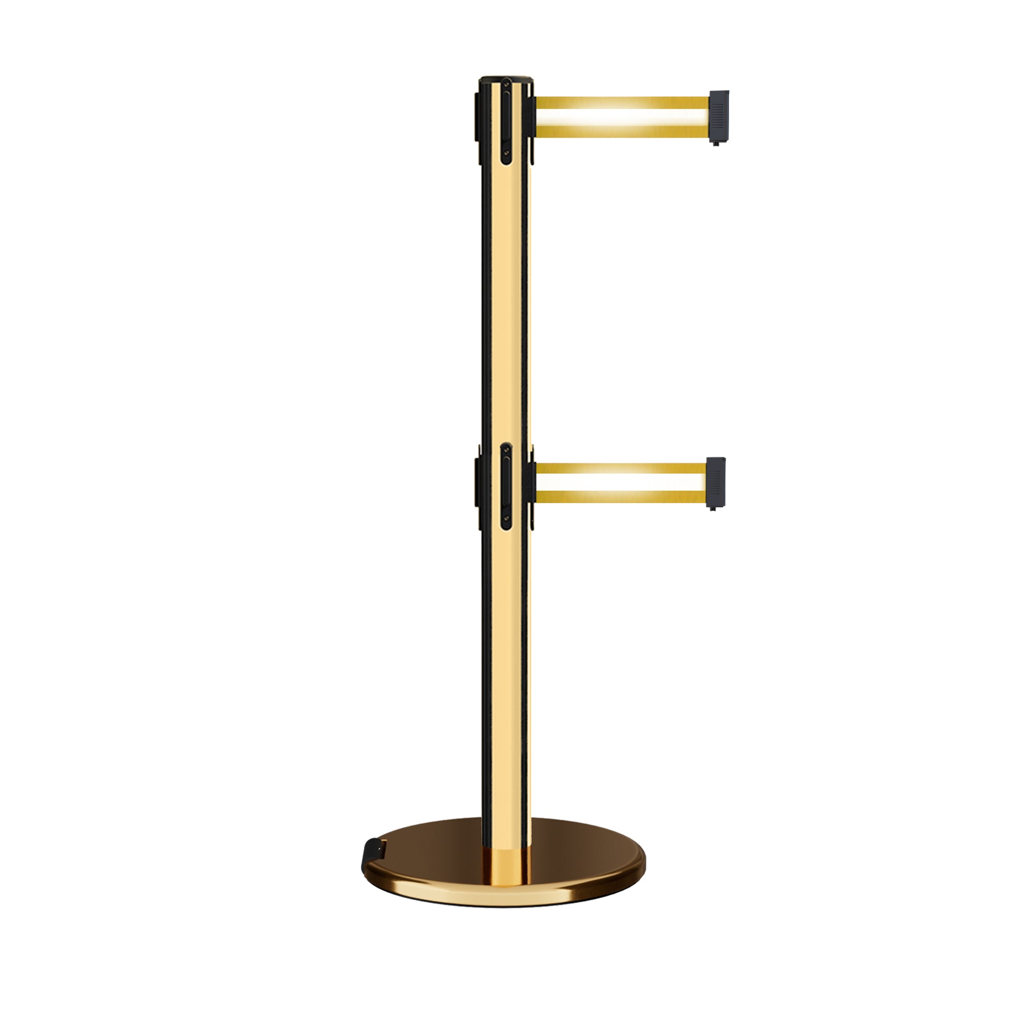 Retractable Dual Belt Barrier Stanchion, Rolling Base, Polished Brass Post, 13 ft Belt - Montour Line ME630D - Crowd Control Warehouse
