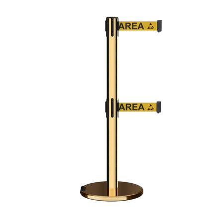 Retractable Dual Belt Barrier Stanchion, Rolling Base, Polished Brass Post, 13 ft Belt - Montour Line ME630D - Crowd Control Warehouse