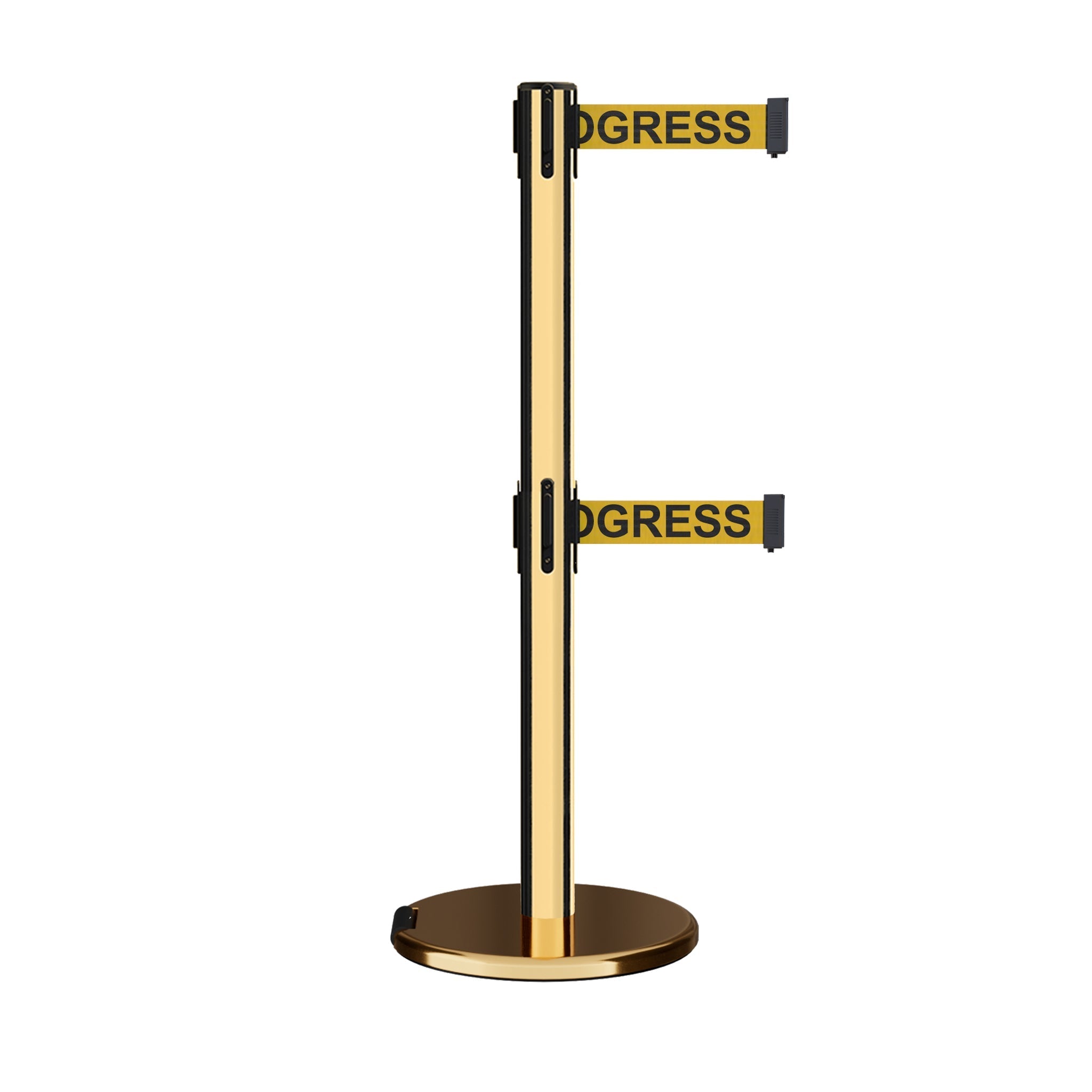 Retractable Dual Belt Barrier Stanchion, Rolling Base, Polished Brass Post, 13 ft Belt - Montour Line ME630D - Crowd Control Warehouse