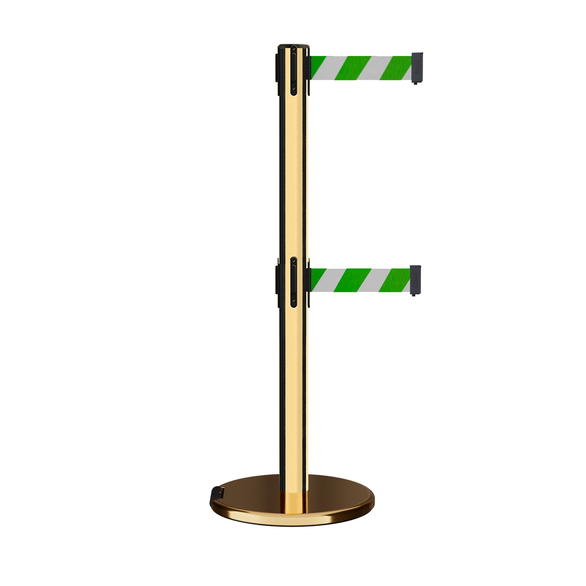 Retractable Dual Belt Barrier Stanchion, Rolling Base, Polished Brass Post, 13 ft Belt - Montour Line ME630D - Crowd Control Warehouse