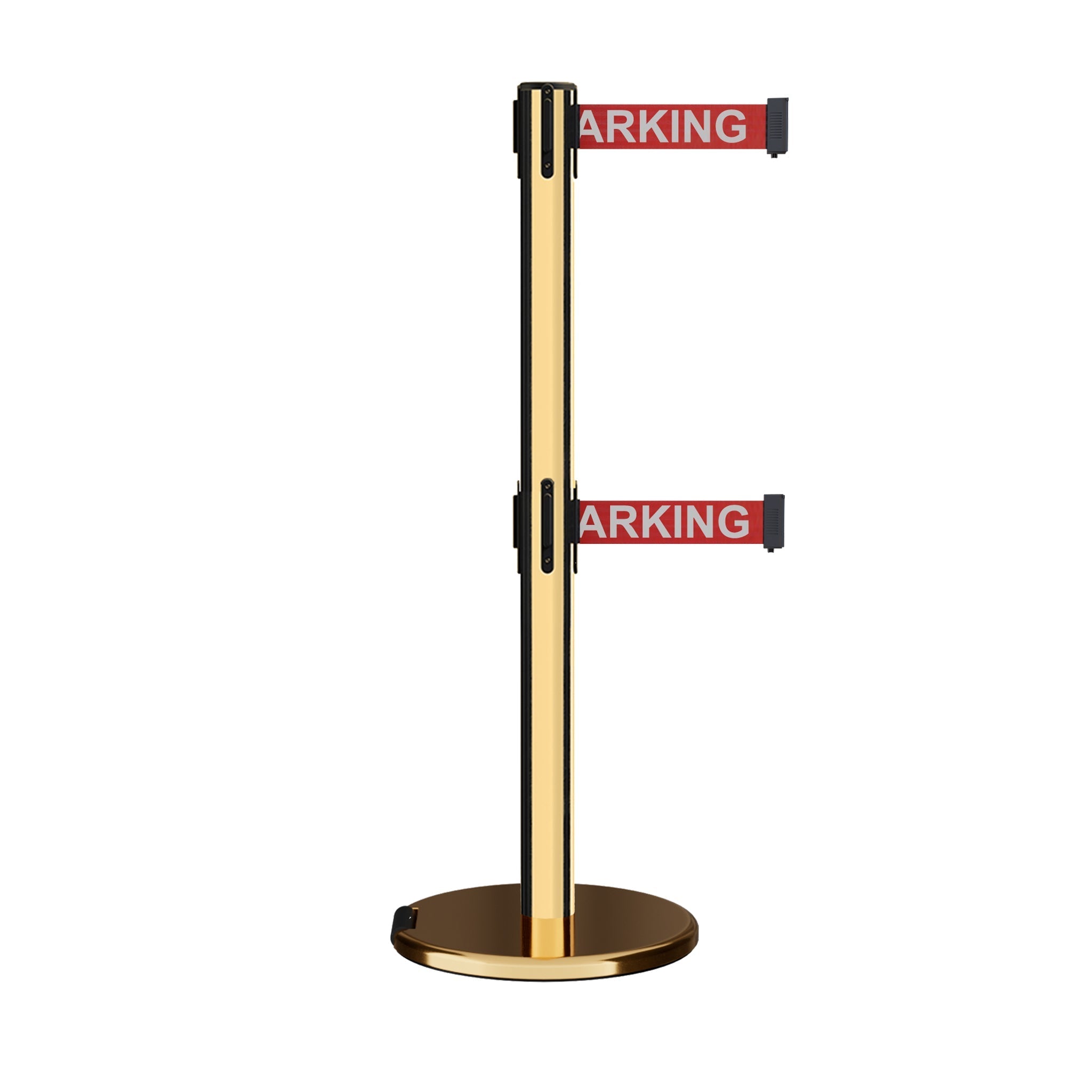 Retractable Dual Belt Barrier Stanchion, Rolling Base, Polished Brass Post, 13 ft Belt - Montour Line ME630D - Crowd Control Warehouse