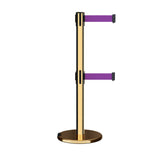 Retractable Dual Belt Barrier Stanchion, Rolling Base, Polished Brass Post, 13 ft Belt - Montour Line ME630D - Crowd Control Warehouse