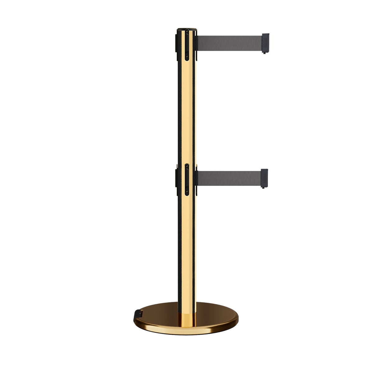 Retractable Dual Belt Barrier Stanchion, Rolling Base, Polished Brass Post, 13 ft Belt - Montour Line ME630D - Crowd Control Warehouse