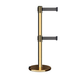 Retractable Dual Belt Barrier Stanchion, Rolling Base, Polished Brass Post, 13 ft Belt - Montour Line ME630D - Crowd Control Warehouse