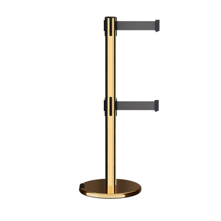 Retractable Dual Belt Barrier Stanchion, Rolling Base, Polished Brass Post, 13 ft Belt - Montour Line ME630D - Crowd Control Warehouse