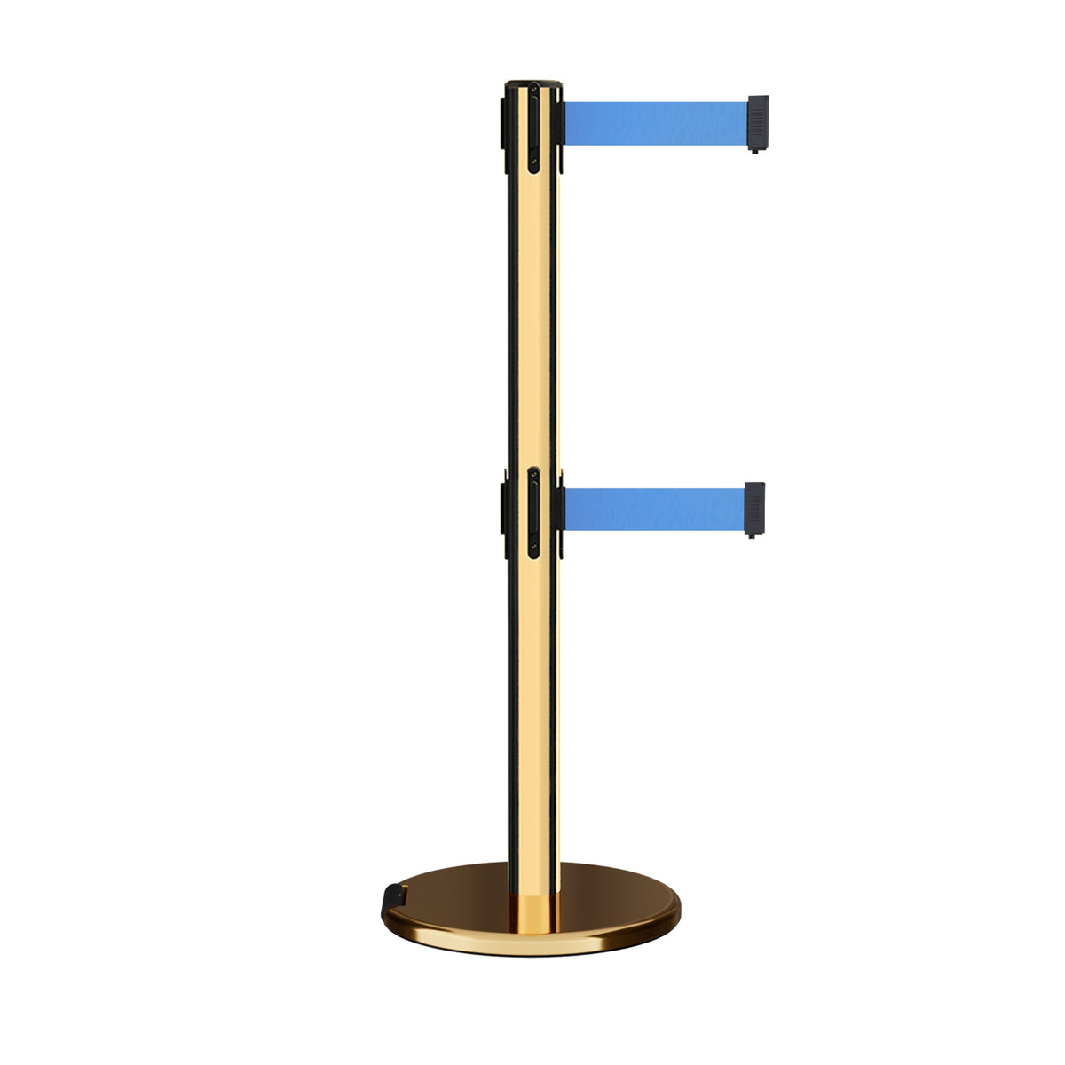 Retractable Dual Belt Barrier Stanchion, Rolling Base, Polished Brass Post, 13 ft Belt - Montour Line ME630D - Crowd Control Warehouse