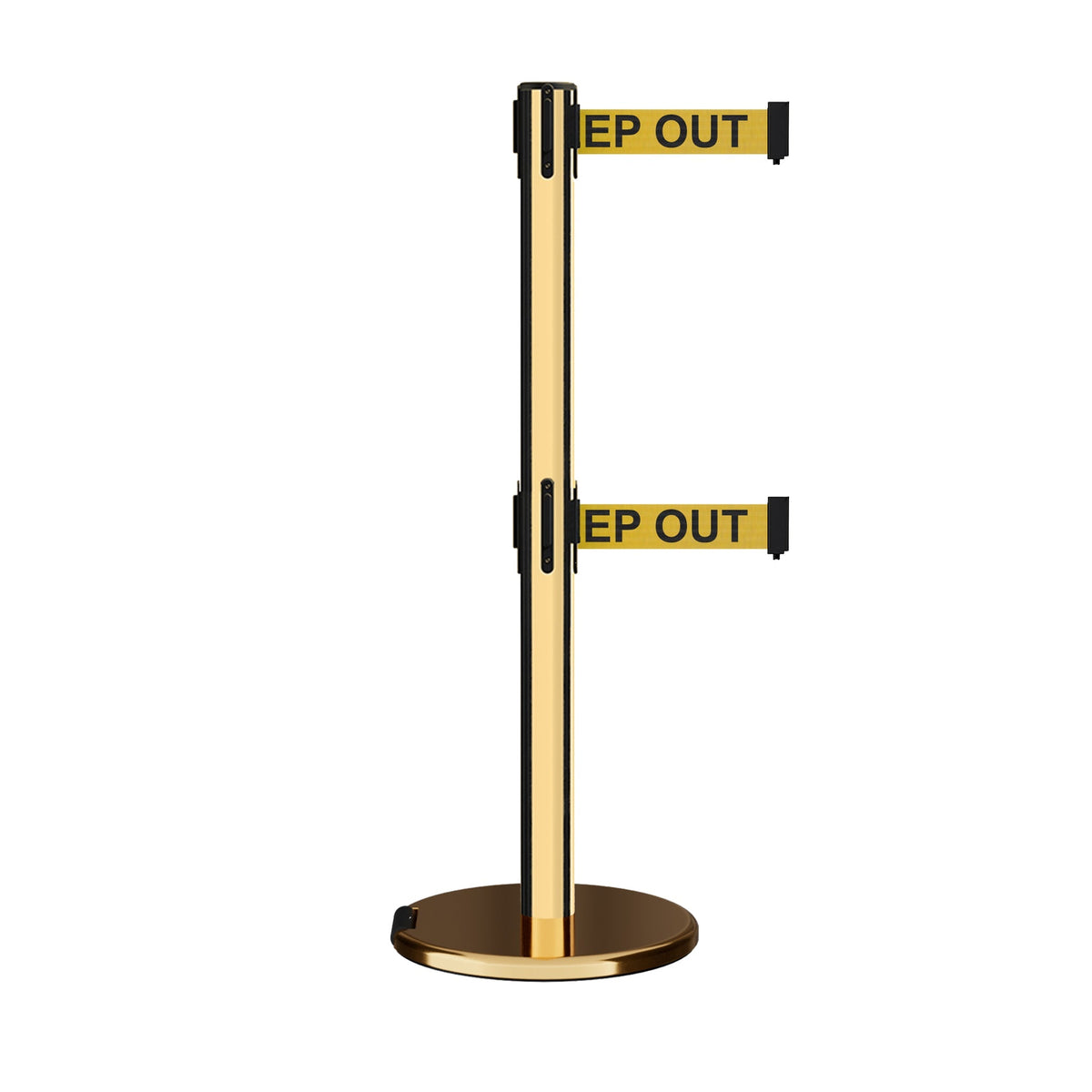 Retractable Dual Belt Barrier Stanchion, Rolling Base, Polished Brass Post, 13 ft Belt - Montour Line ME630D - Crowd Control Warehouse
