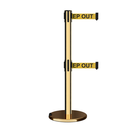 Retractable Dual Belt Barrier Stanchion, Rolling Base, Polished Brass Post, 13 ft Belt - Montour Line ME630D - Crowd Control Warehouse