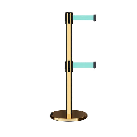 Retractable Dual Belt Barrier Stanchion, Rolling Base, Polished Brass Post, 13 ft Belt - Montour Line ME630D - Crowd Control Warehouse