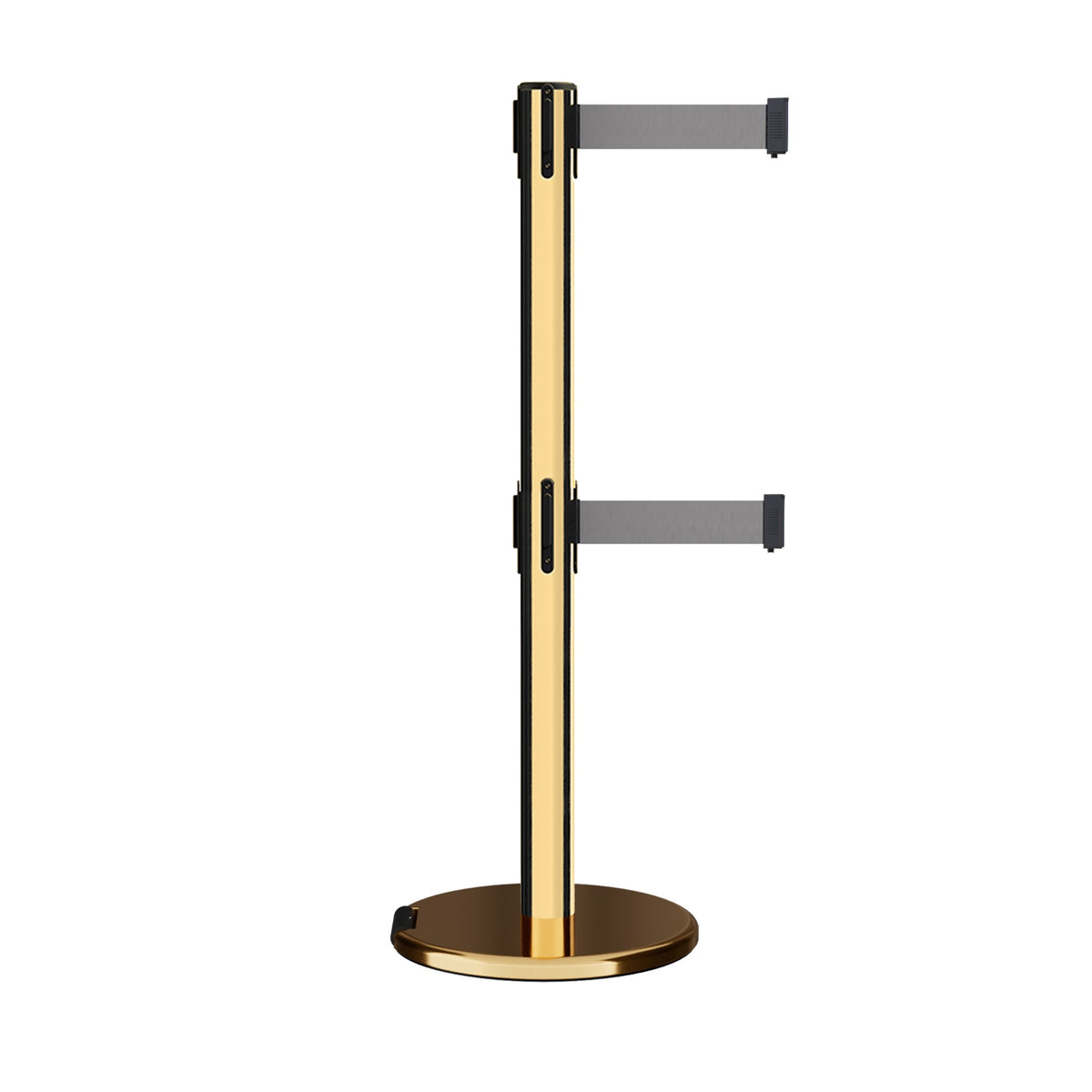 Retractable Dual Belt Barrier Stanchion, Rolling Base, Polished Brass Post, 13 ft Belt - Montour Line ME630D - Crowd Control Warehouse