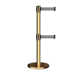 Retractable Dual Belt Barrier Stanchion, Rolling Base, Polished Brass Post, 13 ft Belt - Montour Line ME630D - Crowd Control Warehouse