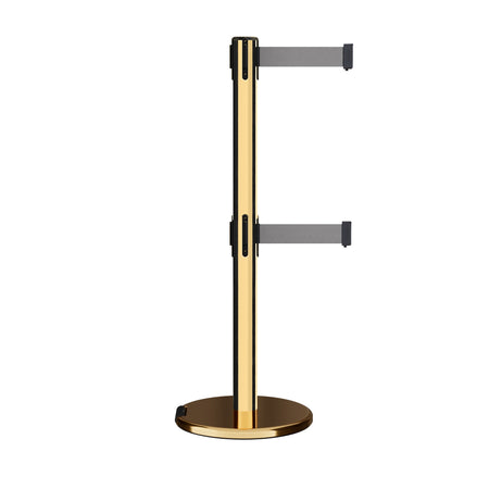 Retractable Dual Belt Barrier Stanchion, Rolling Base, Polished Brass Post, 13 ft Belt - Montour Line ME630D - Crowd Control Warehouse