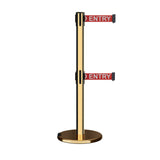 Retractable Dual Belt Barrier Stanchion, Rolling Base, Polished Brass Post, 13 ft Belt - Montour Line ME630D - Crowd Control Warehouse