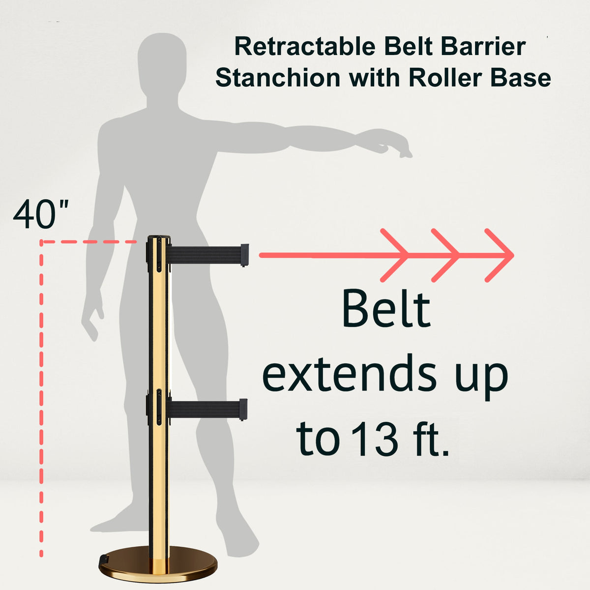 Retractable Dual Belt Barrier Stanchion, Rolling Base, Polished Brass Post, 13 ft Belt - Montour Line ME630D - Crowd Control Warehouse