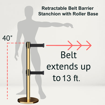 Retractable Dual Belt Barrier Stanchion, Rolling Base, Polished Brass Post, 13 ft Belt - Montour Line ME630D - Crowd Control Warehouse