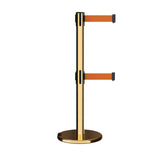 Retractable Dual Belt Barrier Stanchion, Rolling Base, Polished Brass Post, 13 ft Belt - Montour Line ME630D - Crowd Control Warehouse