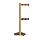 Retractable Dual Belt Barrier Stanchion, Rolling Base, Polished Brass Post, 13 ft Belt - Montour Line ME630D - Crowd Control Warehouse