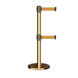 Retractable Dual Belt Barrier Stanchion, Rolling Base, Polished Brass Post, 13 ft Belt - Montour Line ME630D - Crowd Control Warehouse