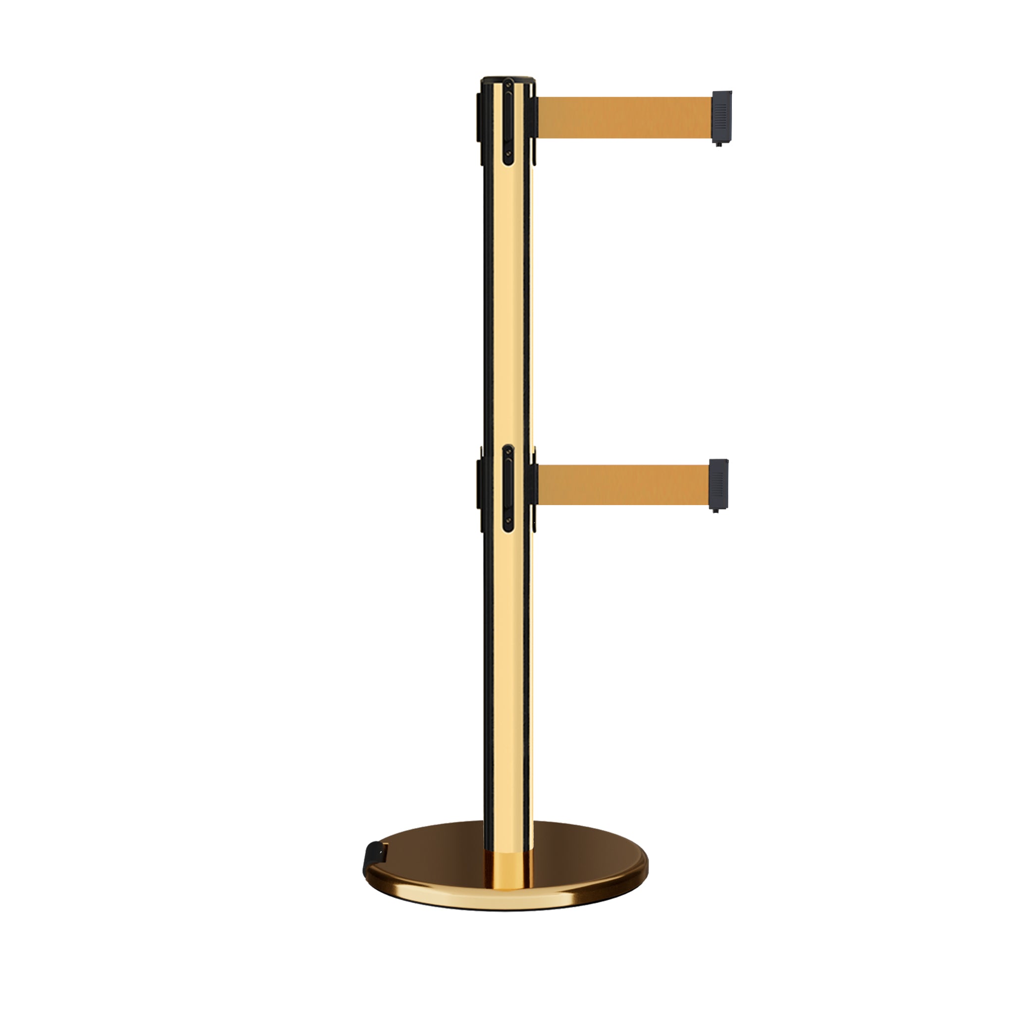 Retractable Dual Belt Barrier Stanchion, Rolling Base, Polished Brass Post, 13 ft Belt - Montour Line ME630D - Crowd Control Warehouse