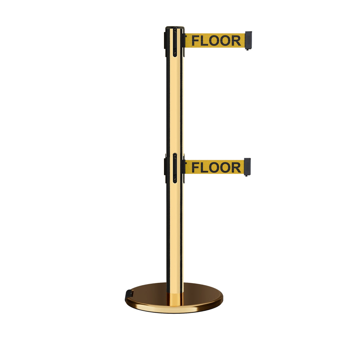 Retractable Dual Belt Barrier Stanchion, Rolling Base, Polished Brass Post, 13 ft Belt - Montour Line ME630D - Crowd Control Warehouse