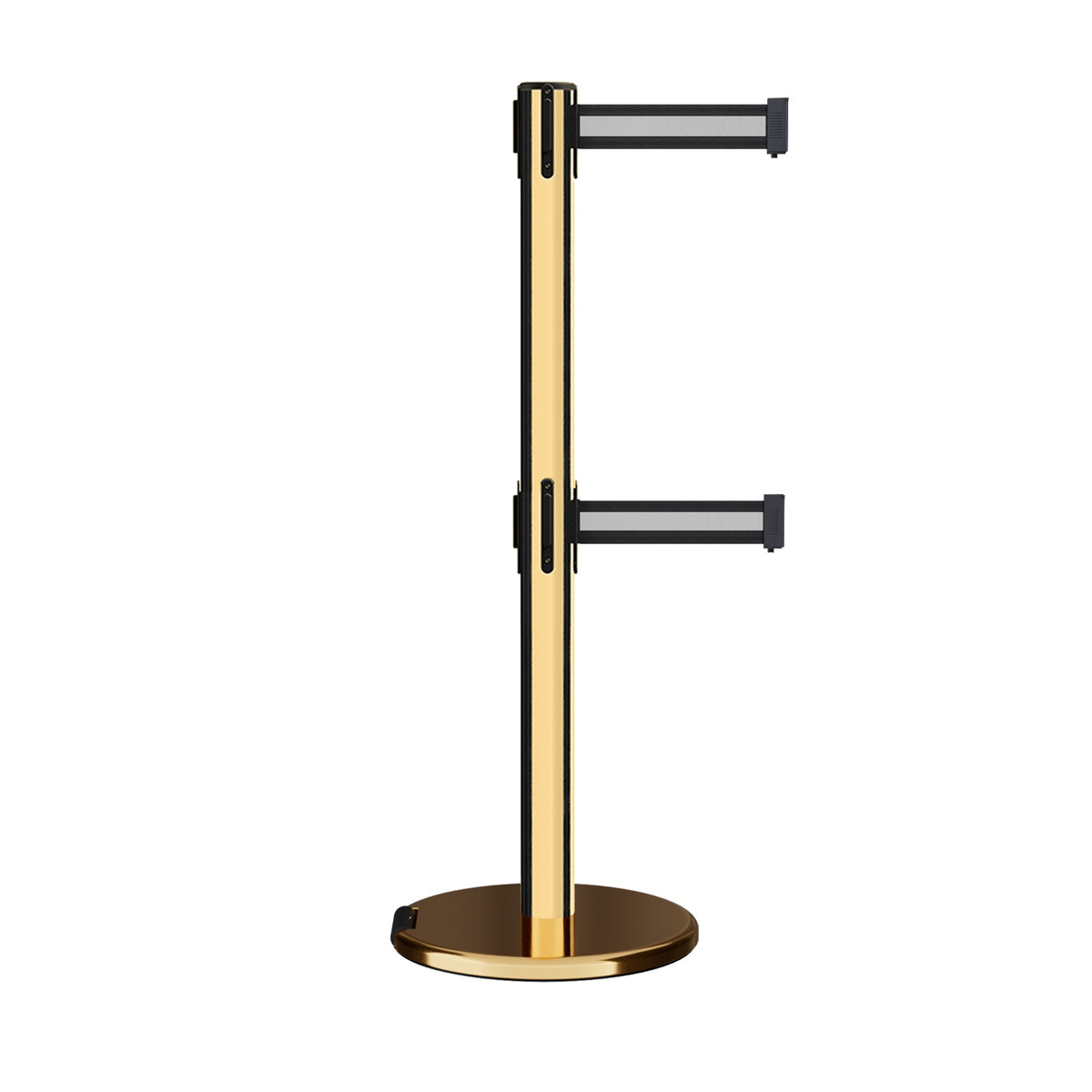 Retractable Dual Belt Barrier Stanchion, Rolling Base, Polished Brass Post, 13 ft Belt - Montour Line ME630D - Crowd Control Warehouse