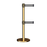Retractable Dual Belt Barrier Stanchion, Rolling Base, Polished Brass Post, 13 ft Belt - Montour Line ME630D - Crowd Control Warehouse