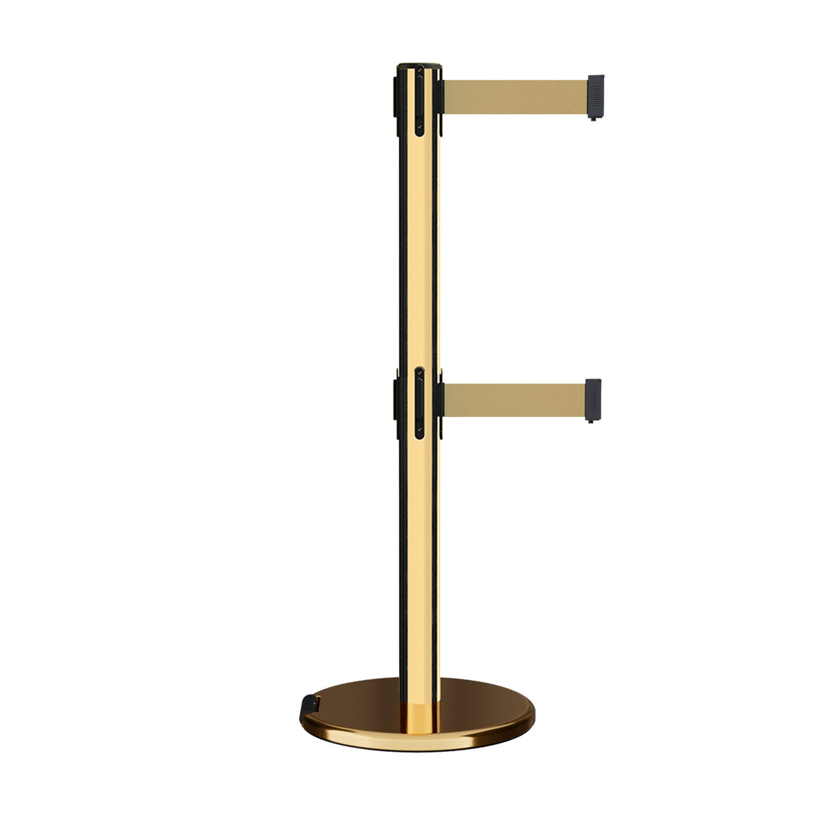 Retractable Dual Belt Barrier Stanchion, Rolling Base, Polished Brass Post, 13 ft Belt - Montour Line ME630D - Crowd Control Warehouse