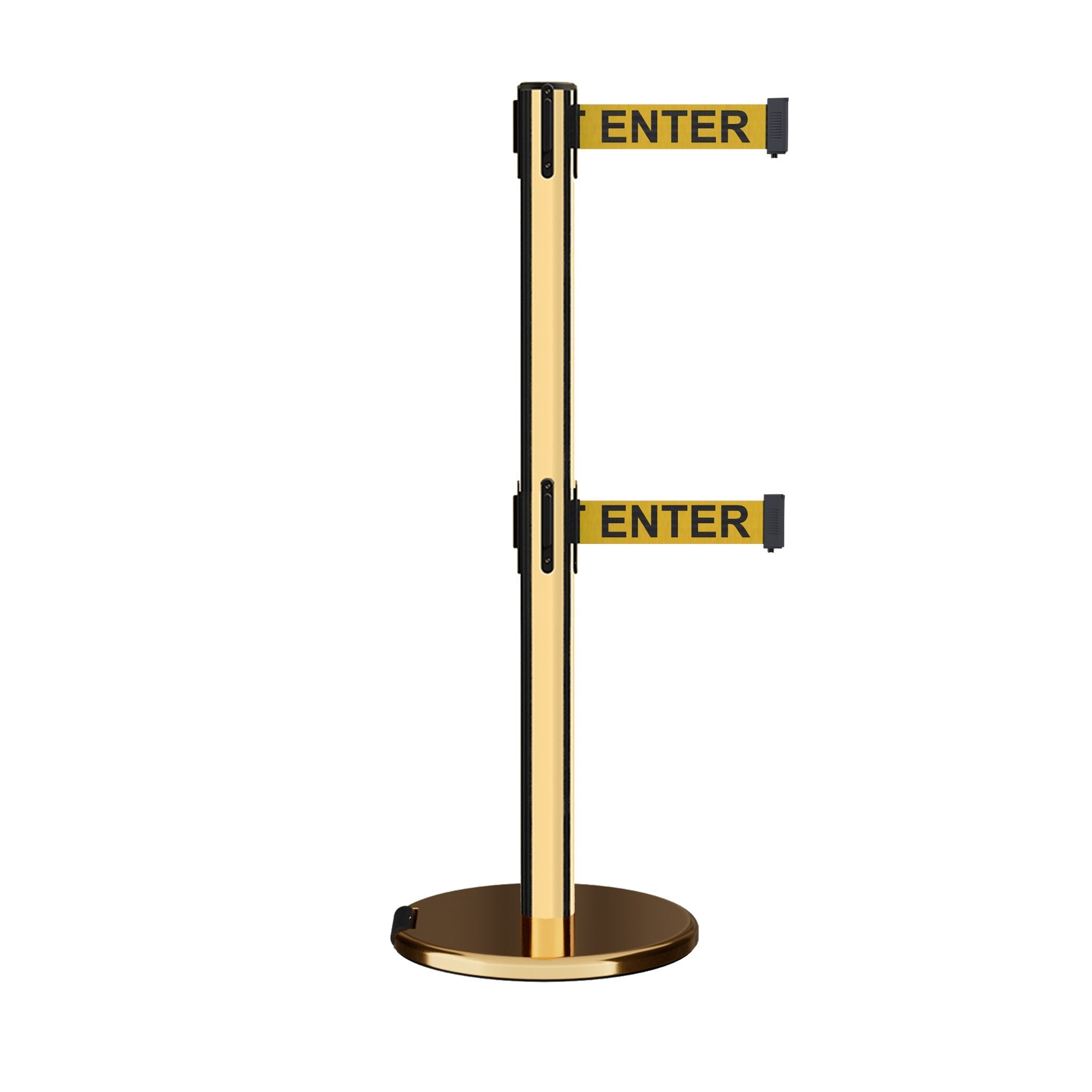 Retractable Dual Belt Barrier Stanchion, Rolling Base, Polished Brass Post, 7.5 ft Belt - Montour Line ME630D - Crowd Control Warehouse