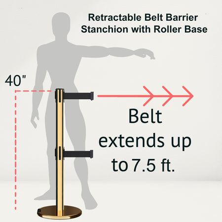 Retractable Dual Belt Barrier Stanchion, Rolling Base, Polished Brass Post, 7.5 ft Belt - Montour Line ME630D - Crowd Control Warehouse