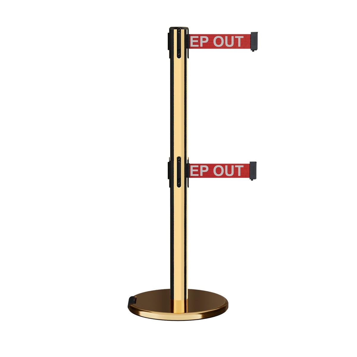 Retractable Dual Belt Barrier Stanchion, Rolling Base, Polished Brass Post, 7.5 ft Belt - Montour Line ME630D - Crowd Control Warehouse
