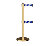 Retractable Dual Belt Barrier Stanchion, Rolling Base, Polished Brass Post, 7.5 ft Belt - Montour Line ME630D - Crowd Control Warehouse