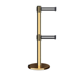 Retractable Dual Belt Barrier Stanchion, Rolling Base, Polished Brass Post, 7.5 ft Belt - Montour Line ME630D - Crowd Control Warehouse