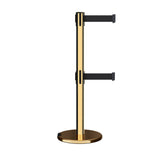 Retractable Dual Belt Barrier Stanchion, Rolling Base, Polished Brass Post, 7.5 ft Belt - Montour Line ME630D - Crowd Control Warehouse