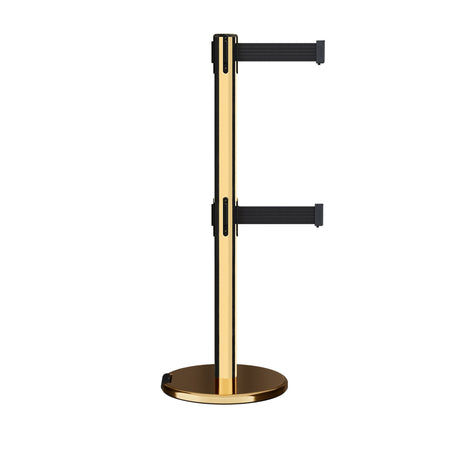 Retractable Dual Belt Barrier Stanchion, Rolling Base, Polished Brass Post, 7.5 ft Belt - Montour Line ME630D - Crowd Control Warehouse
