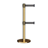 Retractable Dual Belt Barrier Stanchion, Rolling Base, Polished Brass Post, 7.5 ft Belt - Montour Line ME630D - Crowd Control Warehouse