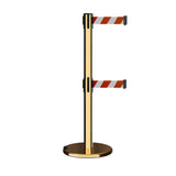 Retractable Dual Belt Barrier Stanchion, Rolling Base, Polished Brass Post, 7.5 ft Belt - Montour Line ME630D - Crowd Control Warehouse