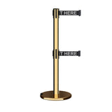 Retractable Dual Belt Barrier Stanchion, Rolling Base, Polished Brass Post, 7.5 ft Belt - Montour Line ME630D - Crowd Control Warehouse