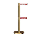 Retractable Dual Belt Barrier Stanchion, Rolling Base, Polished Brass Post, 7.5 ft Belt - Montour Line ME630D - Crowd Control Warehouse