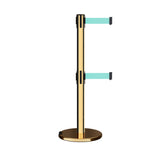 Retractable Dual Belt Barrier Stanchion, Rolling Base, Polished Brass Post, 9 ft Belt - Montour Line ME630D - Crowd Control Warehouse