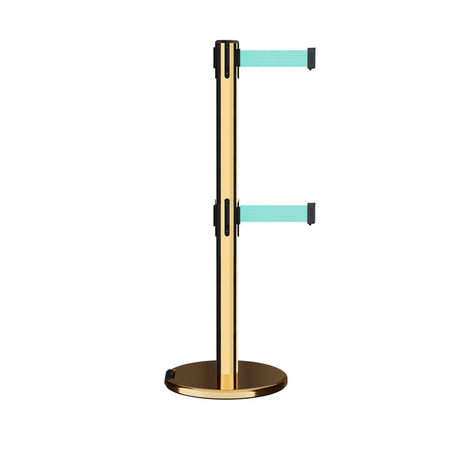 Retractable Dual Belt Barrier Stanchion, Rolling Base, Polished Brass Post, 9 ft Belt - Montour Line ME630D - Crowd Control Warehouse