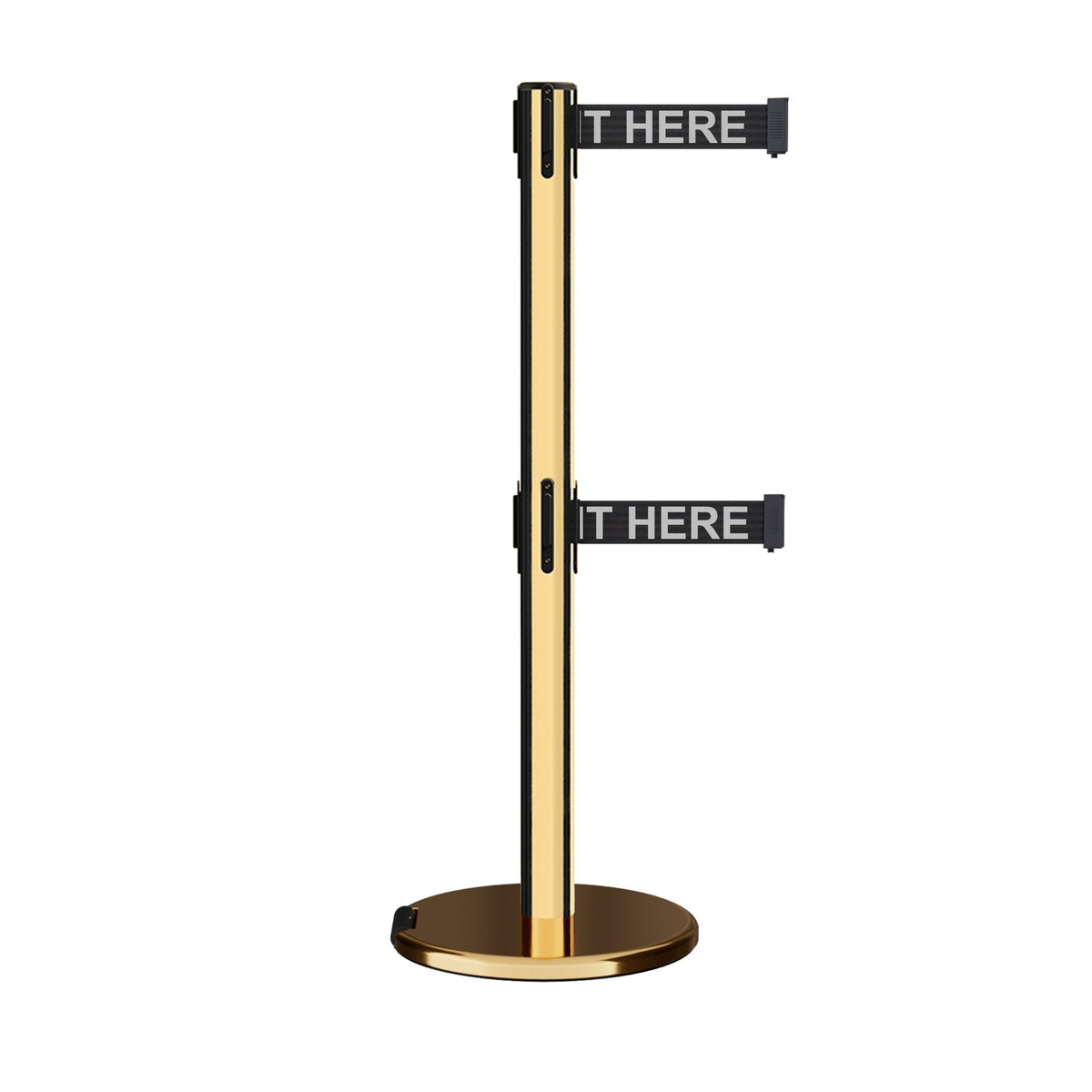 Retractable Dual Belt Barrier Stanchion, Rolling Base, Polished Brass Post, 9 ft Belt - Montour Line ME630D - Crowd Control Warehouse