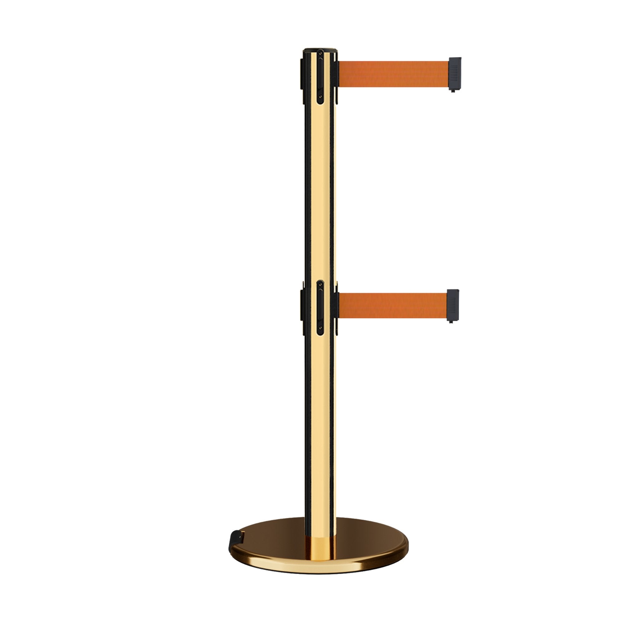 Retractable Dual Belt Barrier Stanchion, Rolling Base, Polished Brass Post, 9 ft Belt - Montour Line ME630D - Crowd Control Warehouse