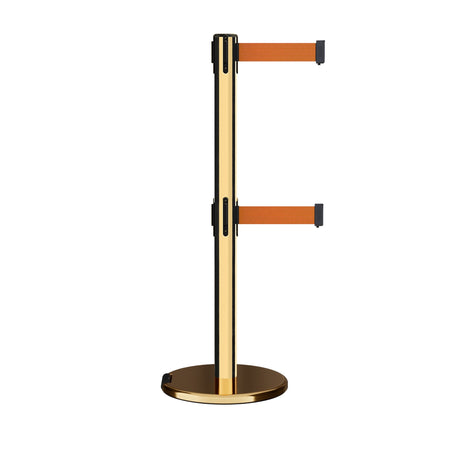 Retractable Dual Belt Barrier Stanchion, Rolling Base, Polished Brass Post, 9 ft Belt - Montour Line ME630D - Crowd Control Warehouse