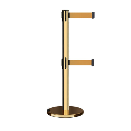 Retractable Dual Belt Barrier Stanchion, Rolling Base, Polished Brass Post, 9 ft Belt - Montour Line ME630D - Crowd Control Warehouse