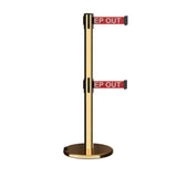 Retractable Dual Belt Barrier Stanchion, Rolling Base, Polished Brass Post, 9 ft Belt - Montour Line ME630D - Crowd Control Warehouse