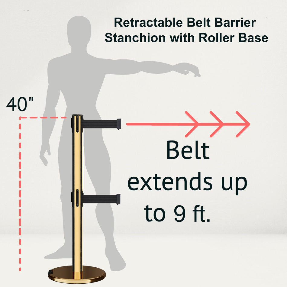 Retractable Dual Belt Barrier Stanchion, Rolling Base, Polished Brass Post, 9 ft Belt - Montour Line ME630D - Crowd Control Warehouse
