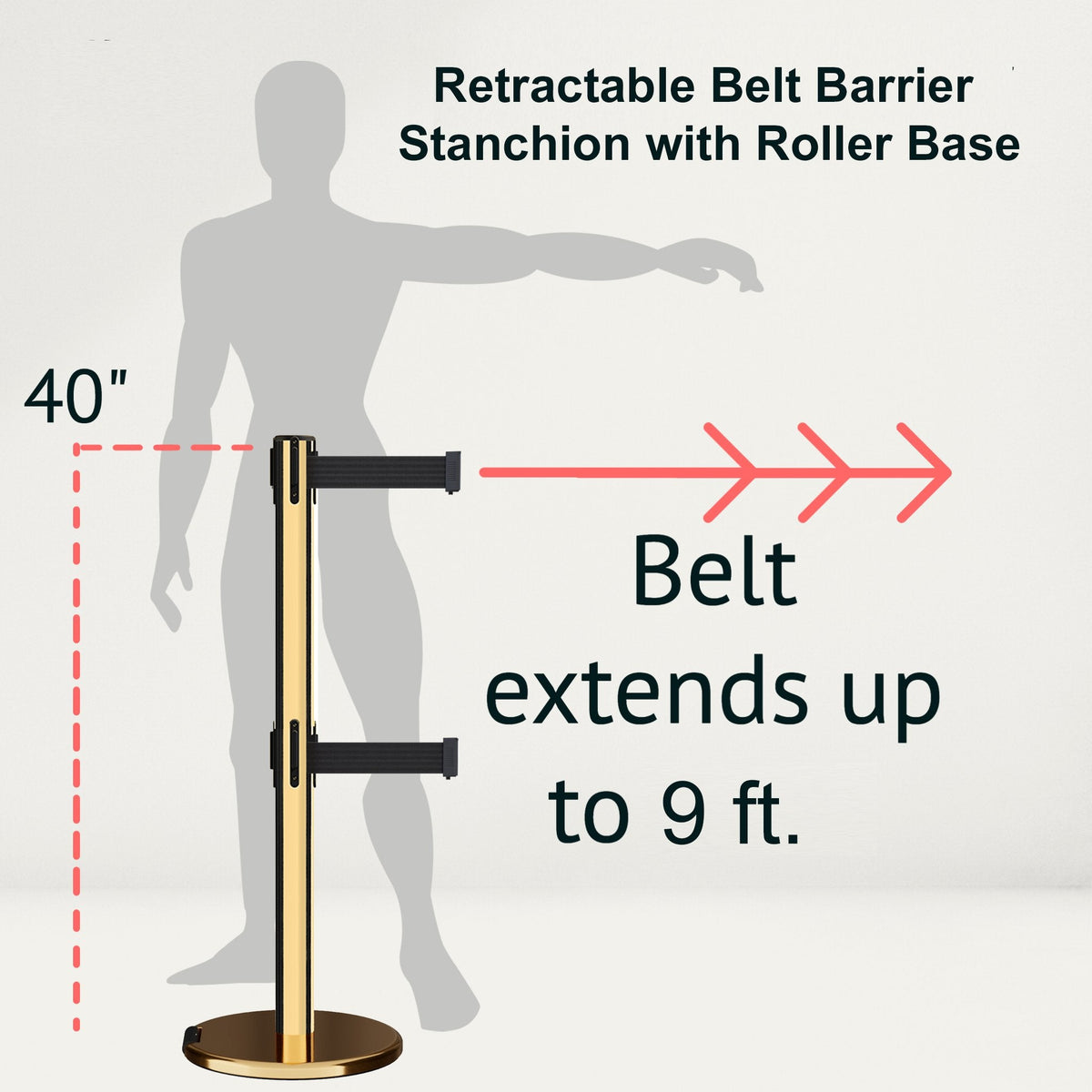 Retractable Dual Belt Barrier Stanchion, Rolling Base, Polished Brass Post, 9 ft Belt - Montour Line ME630D - Crowd Control Warehouse
