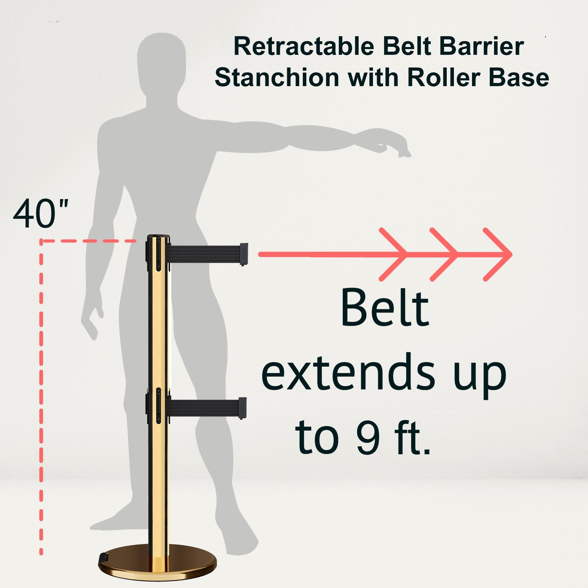 Retractable Dual Belt Barrier Stanchion, Rolling Base, Polished Brass Post, 9 ft Belt - Montour Line ME630D - Crowd Control Warehouse