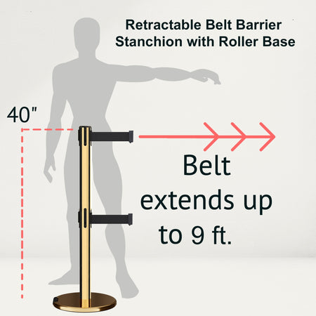 Retractable Dual Belt Barrier Stanchion, Rolling Base, Polished Brass Post, 9 ft Belt - Montour Line ME630D - Crowd Control Warehouse