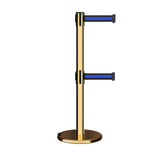 Retractable Dual Belt Barrier Stanchion, Rolling Base, Polished Brass Post, 9 ft Belt - Montour Line ME630D - Crowd Control Warehouse